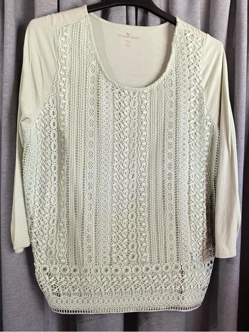Woman Within Cream Crochet-Front Long Sleeve Top
